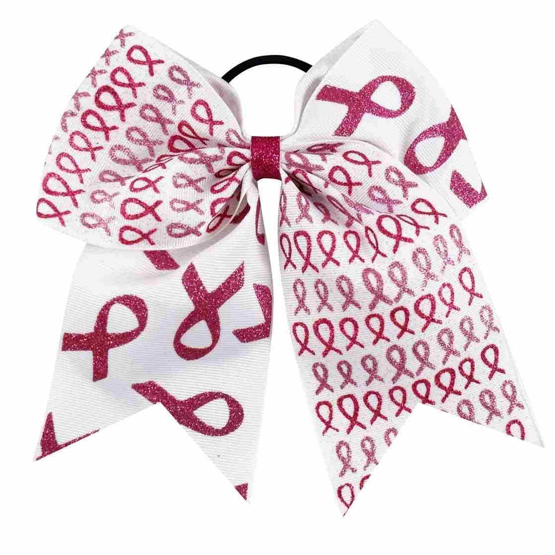 Glitter Ribbon Printed White Breast Cancer Bow