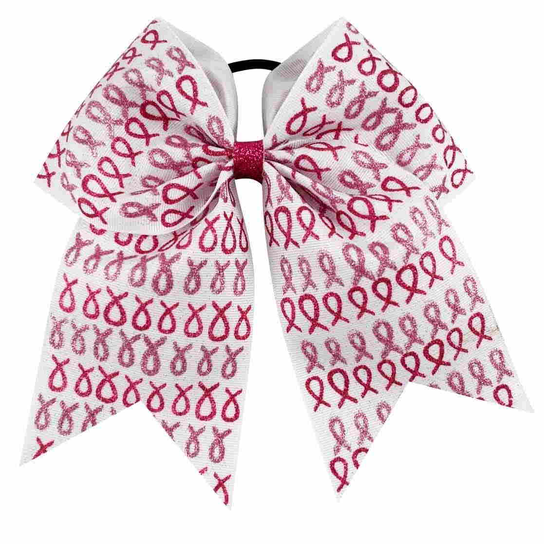 Glitter Ribbon Printed White Breast Cancer Bow