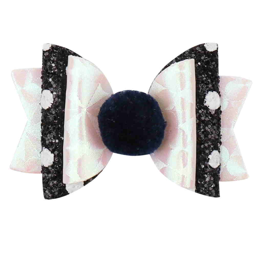 Glitter & Leather Pom Pom Layered Bow Clip