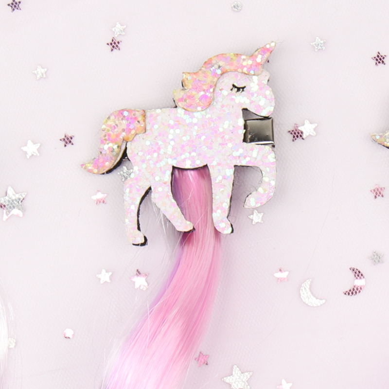 Pink Glitter Unicorn Hair Clip With Wig