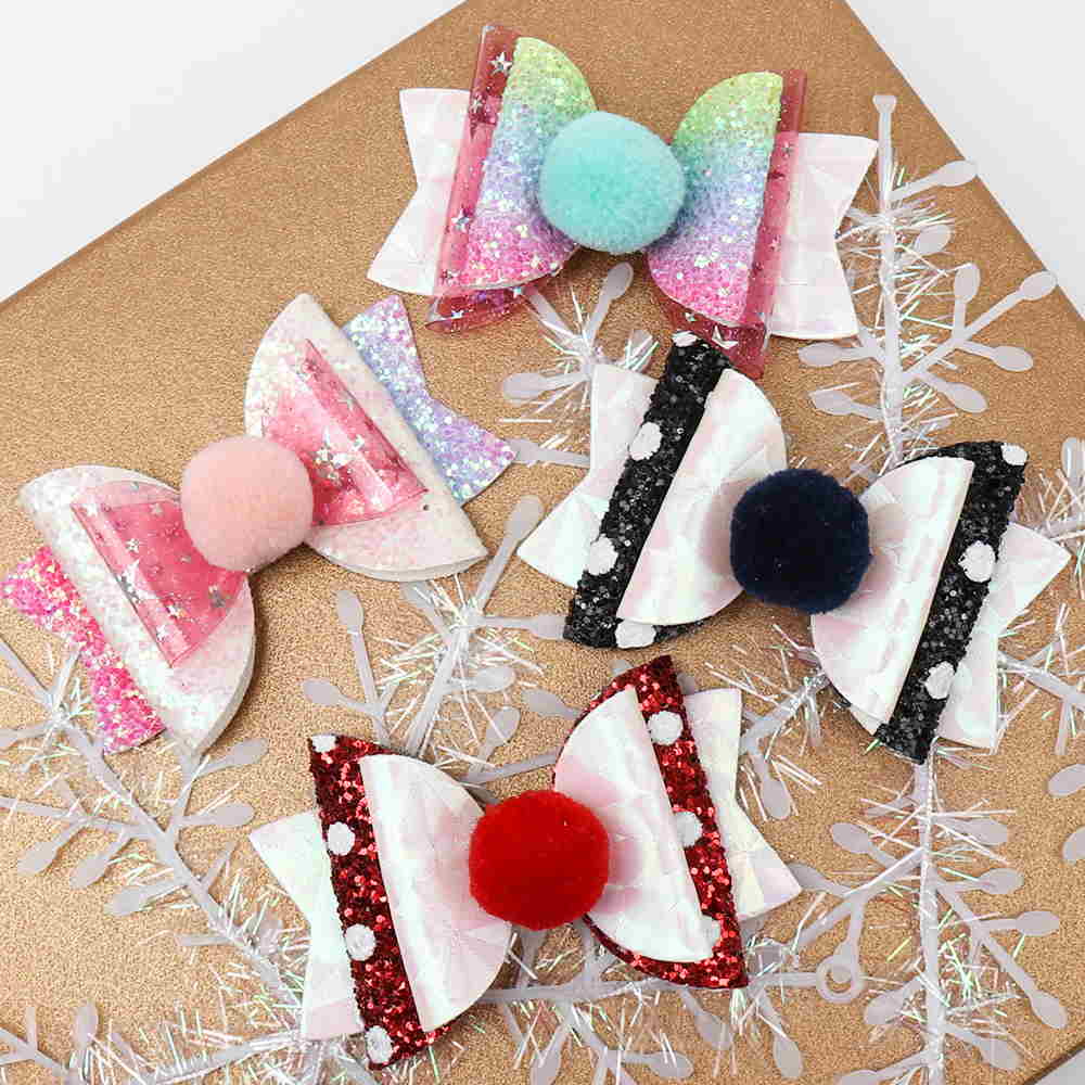 Glitter & Leather Pom Pom Layered Bow Clip