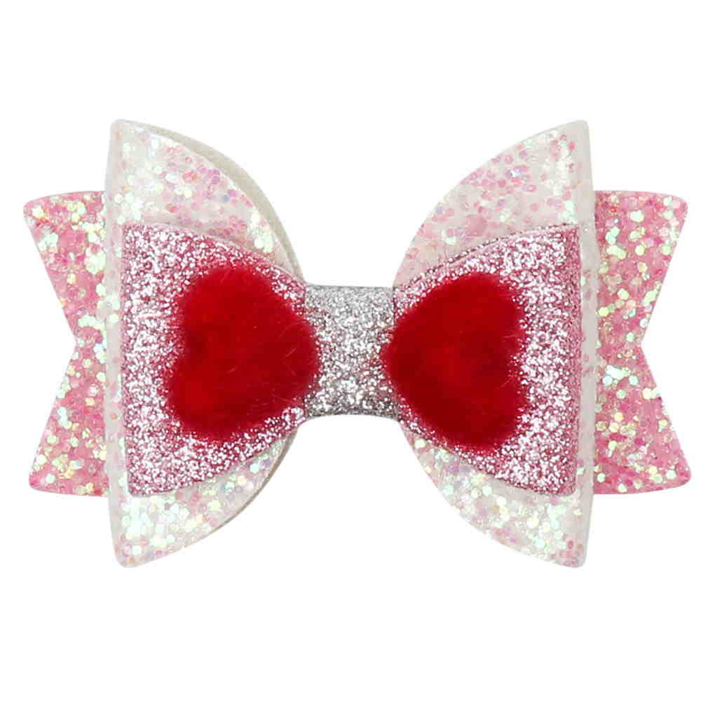 Valentine's Day Glitter & Leather Layered Bow Clip With Heart