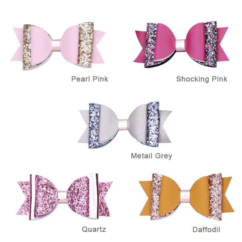 4'' Glitter Layered Leather Mini Hair Bow Clips For Girls