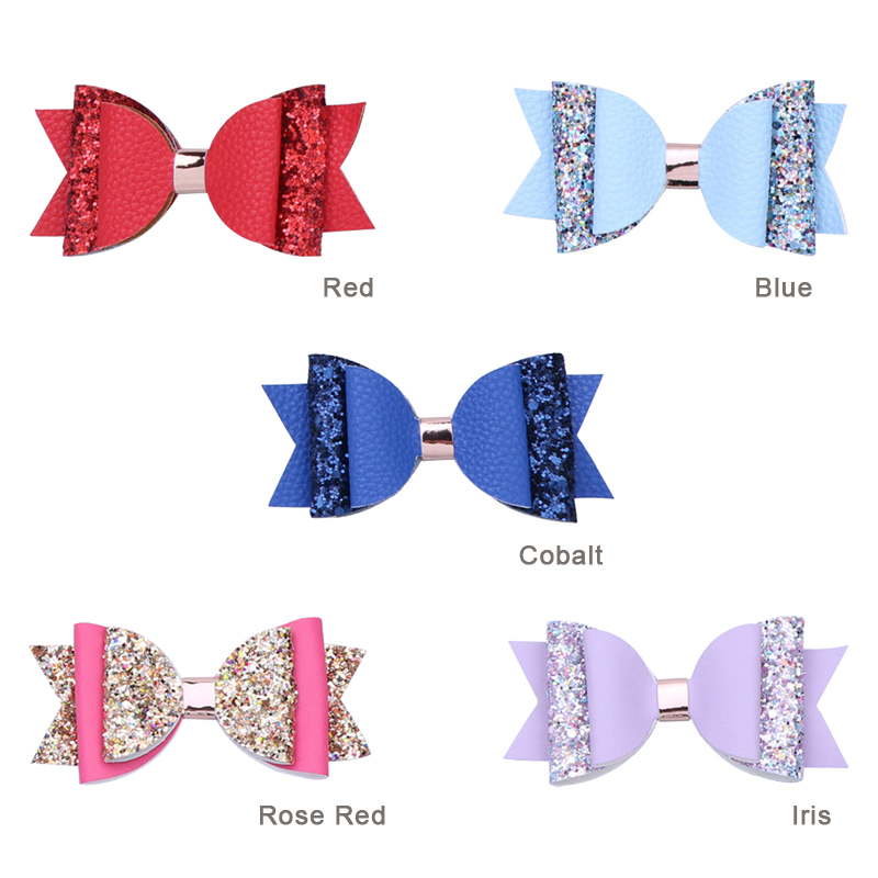 4'' Glitter Layered Leather Mini Hair Bow Clips For Girls