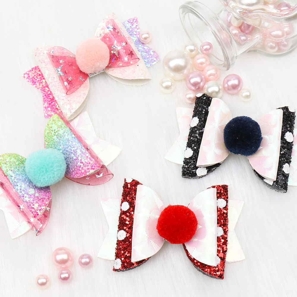 Glitter & Leather Pom Pom Layered Bow Clip