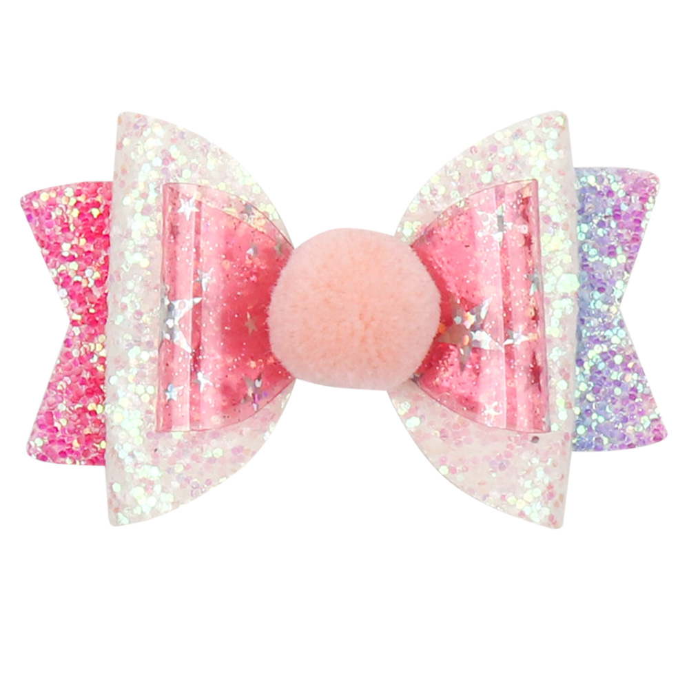 Glitter & Leather Pom Pom Layered Bow Clip