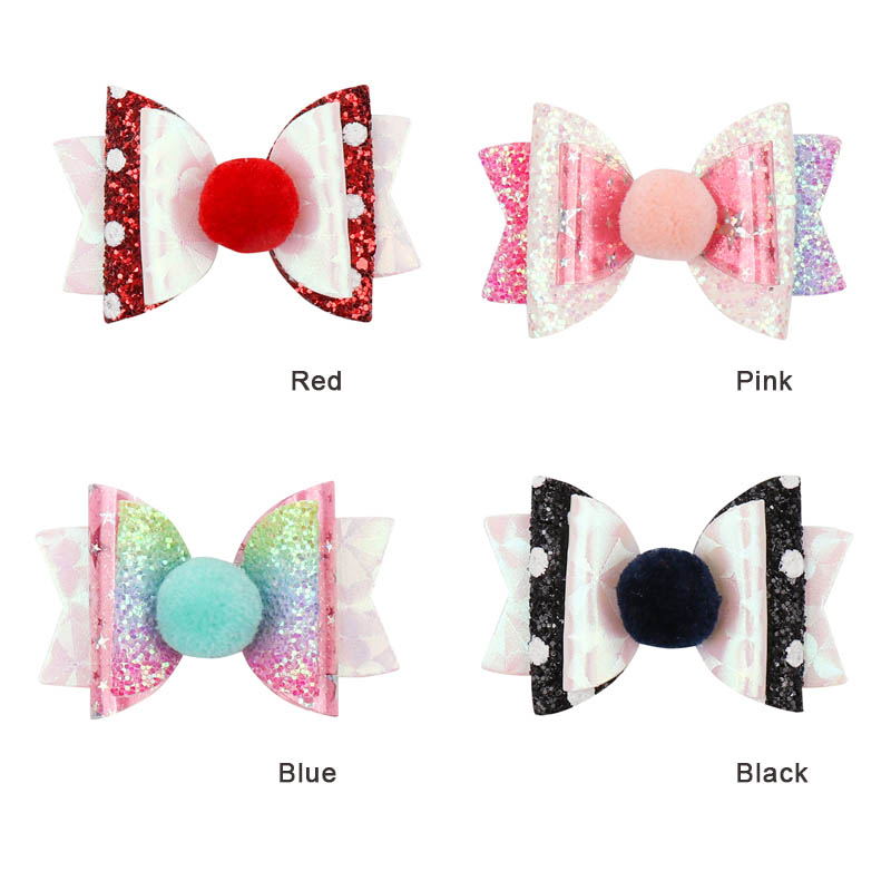 Glitter & Leather Pom Pom Layered Bow Clip