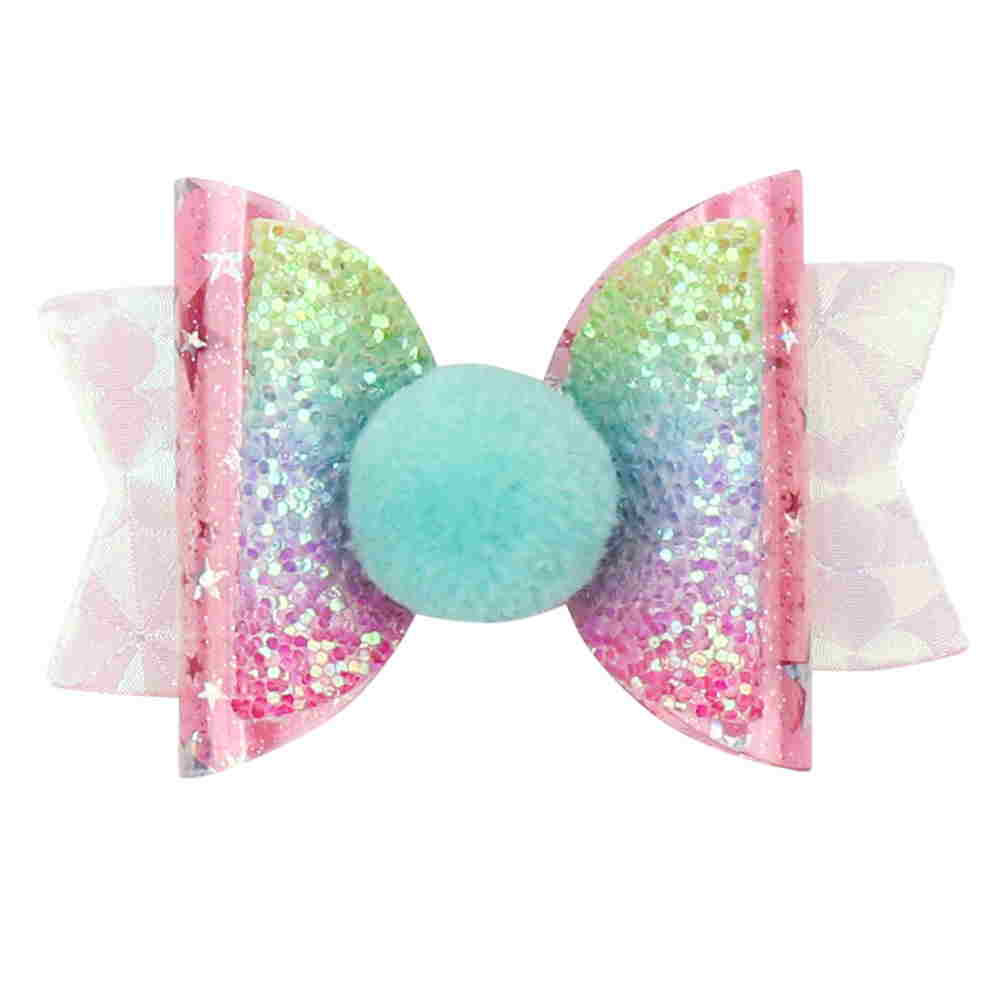 Glitter & Leather Pom Pom Layered Bow Clip