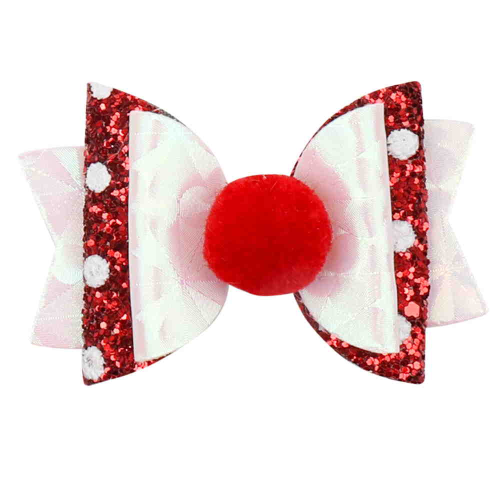 Glitter & Leather Pom Pom Layered Bow Clip