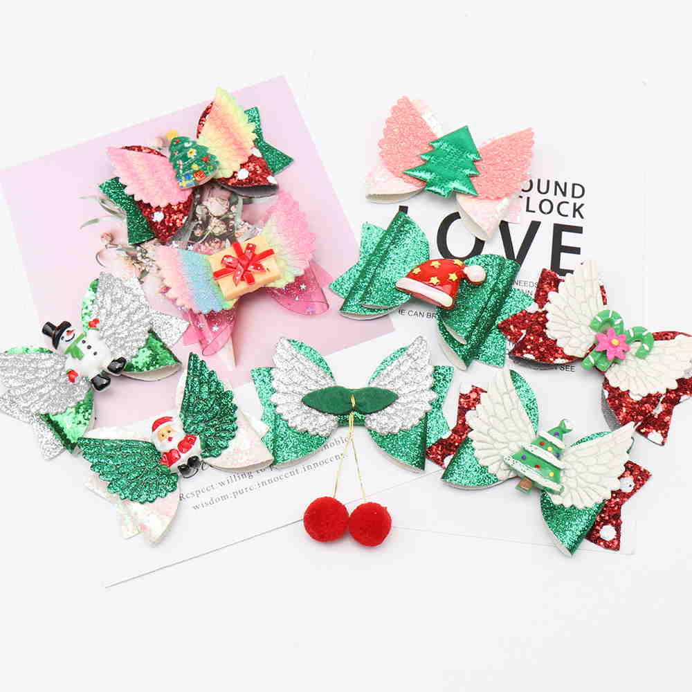 Christmas Glitter Layered Mini Hair Bows With Wings